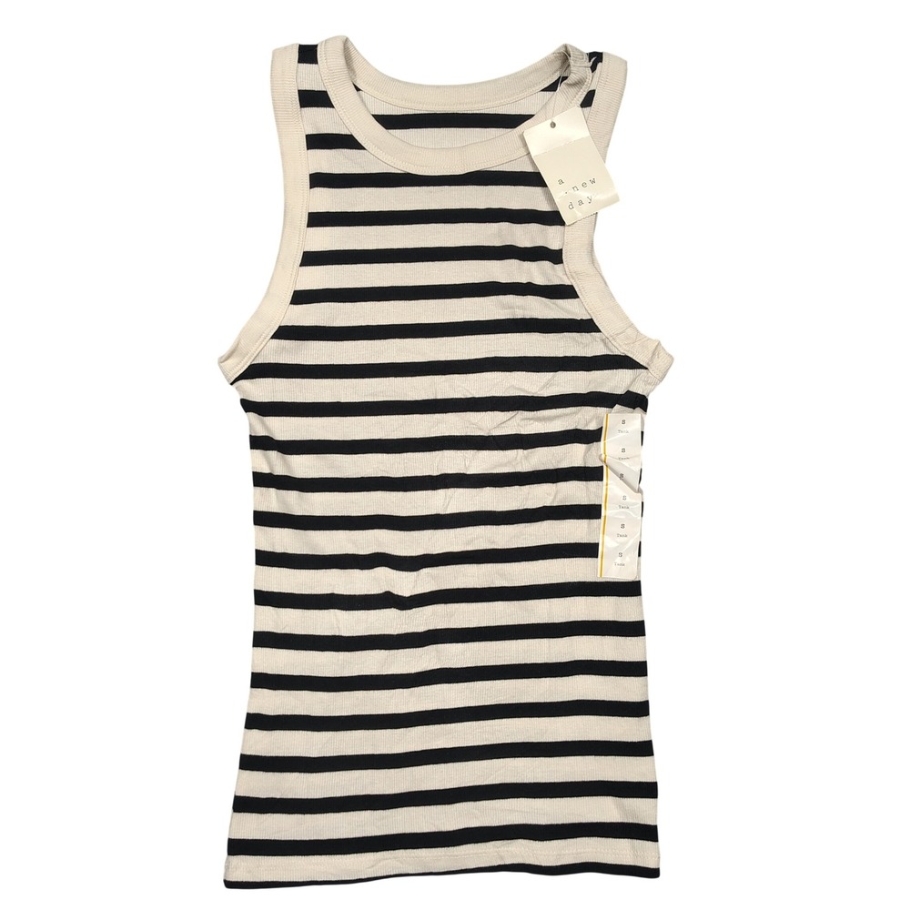 A New Day Tank Top Womens Small Ribbed Striped Cream Black Minimalist Casual